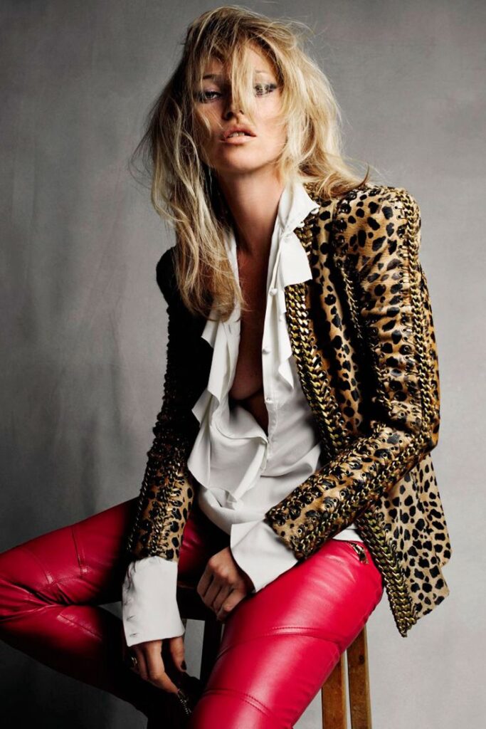 Kate Moss Wearing Leopard Blazer, White Blouse and Red Leather Pants